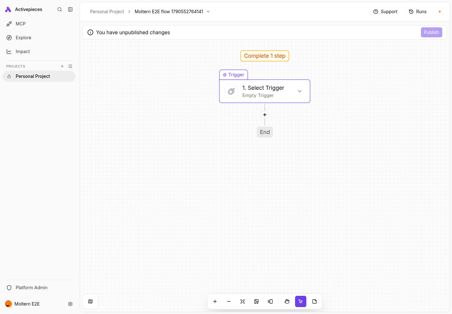The saved ActivePieces flow reopened after a Moltern restart