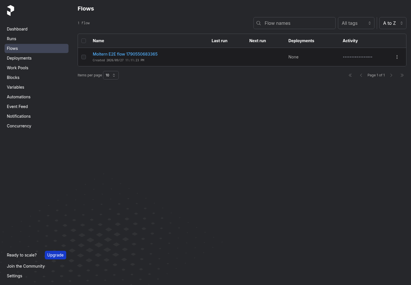 Prefect Flows page showing the Moltern validation flow