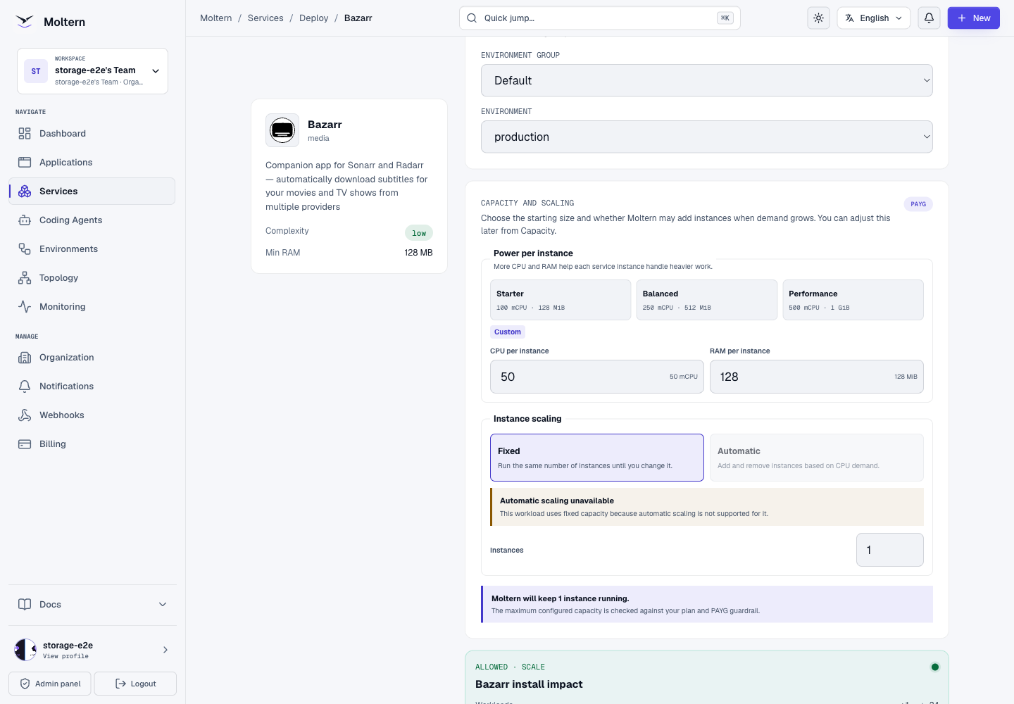 Bazarr install impact and fixed-capacity preview in Moltern