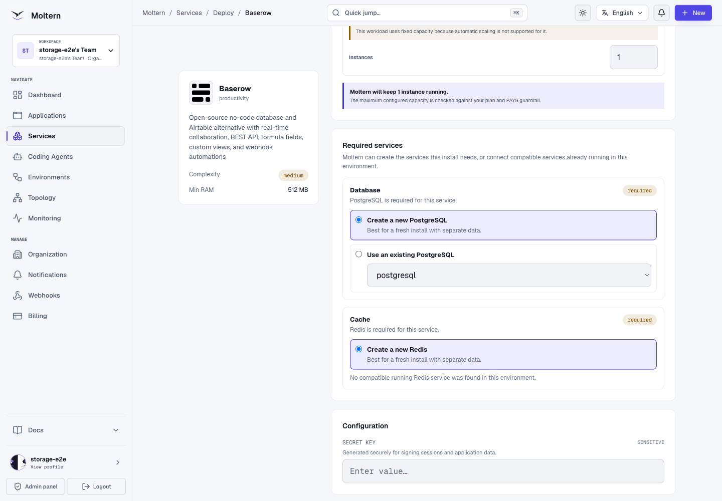 Baserow installation impact showing new PostgreSQL and Redis dependencies