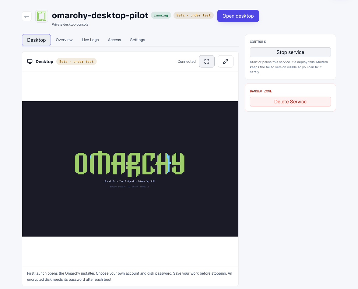 The real Omarchy installer connected through Moltern's private Desktop tab
