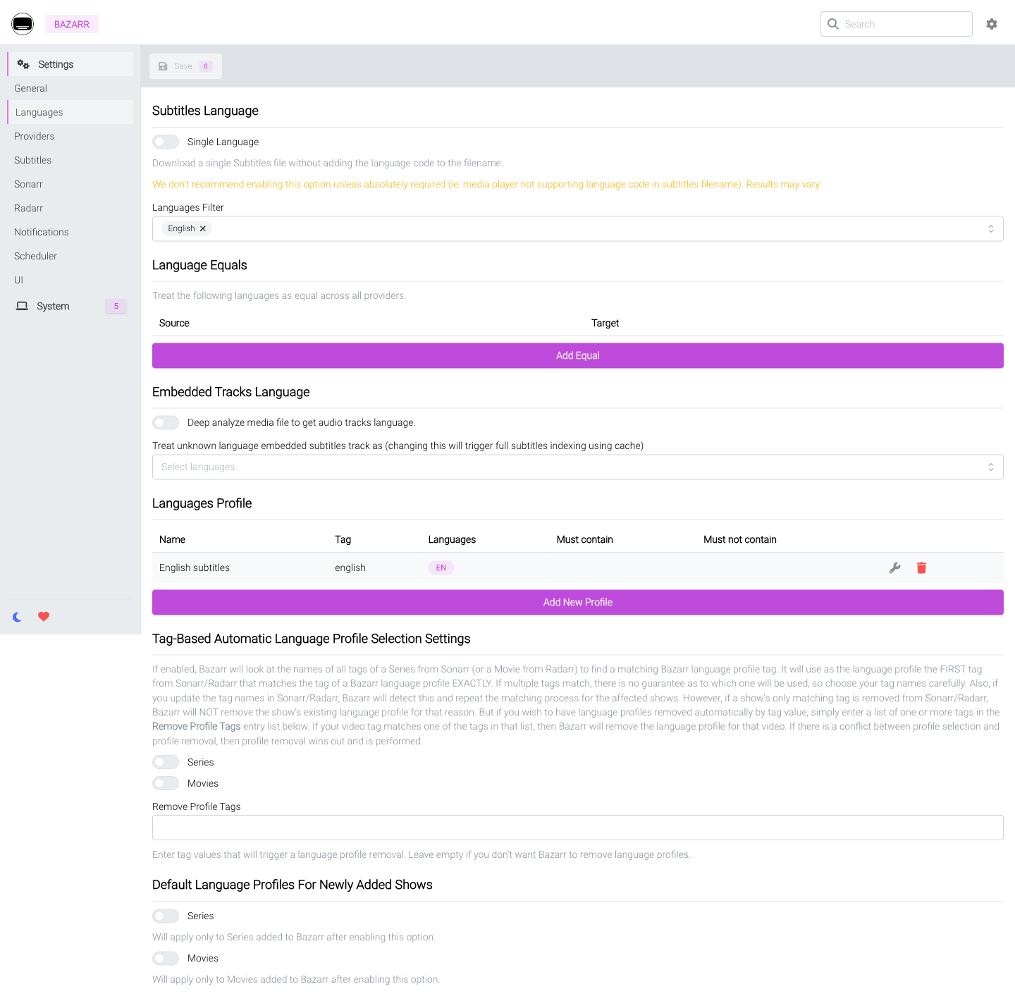 An English subtitle language profile saved in the real Bazarr interface