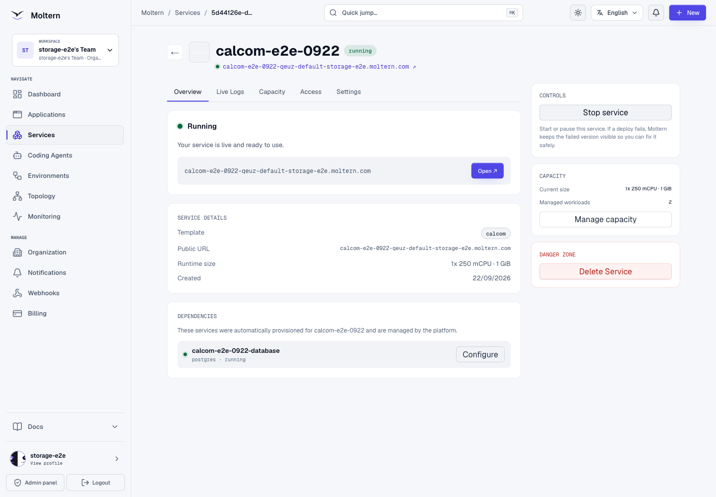 Running Cal.com service in Moltern with its managed PostgreSQL dependency