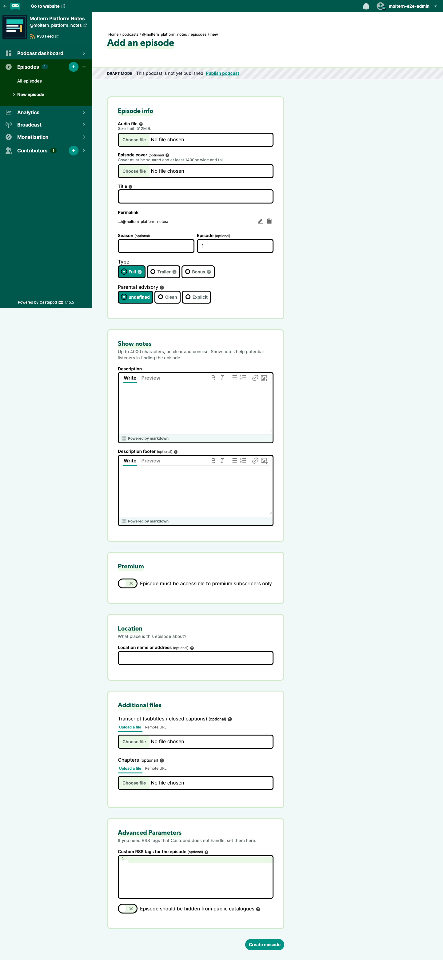 Castopod episode editor with an uploaded audio file and publication metadata