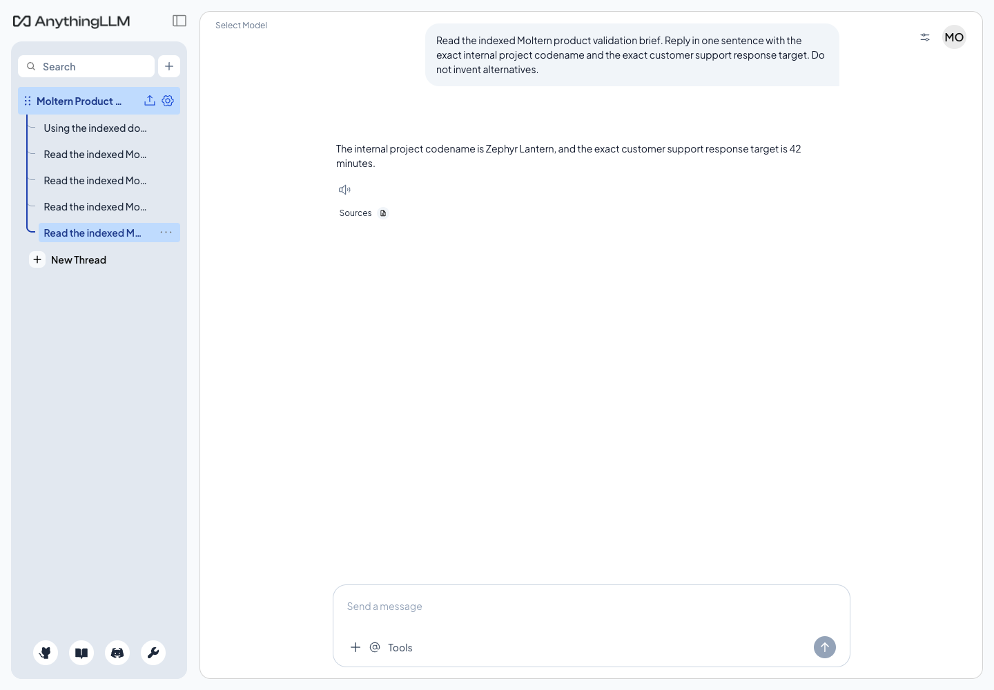 The grounded AnythingLLM conversation after runtime replacement