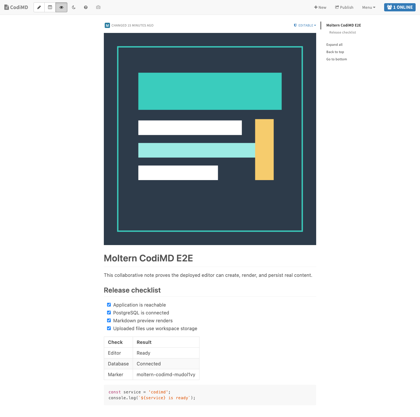 Rendered CodiMD note and uploaded image after the service runtime was replaced