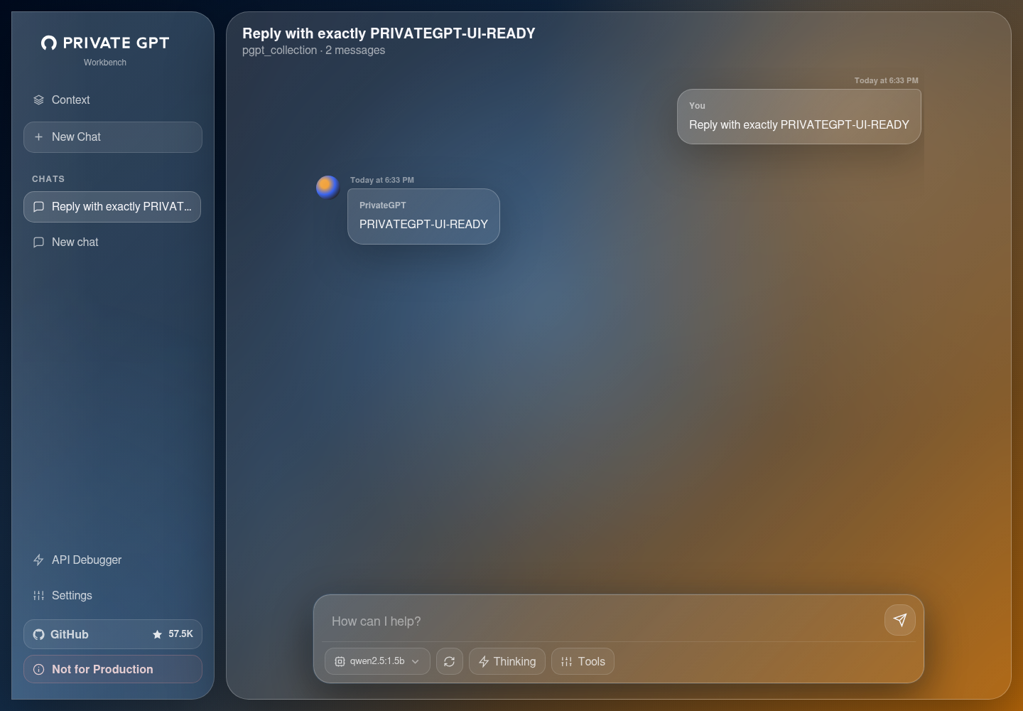 PrivateGPT workbench with a visible private Ollama response