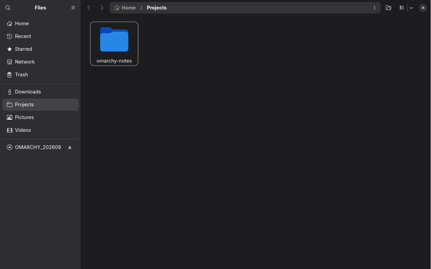 Files showing the omarchy-notes project folder under Home and Projects
