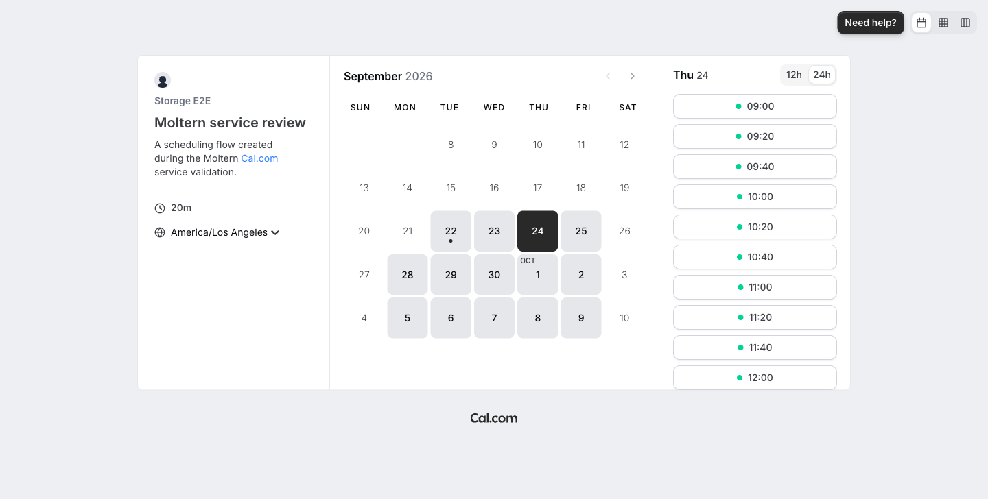 Public Cal.com booking page with available dates and time slots