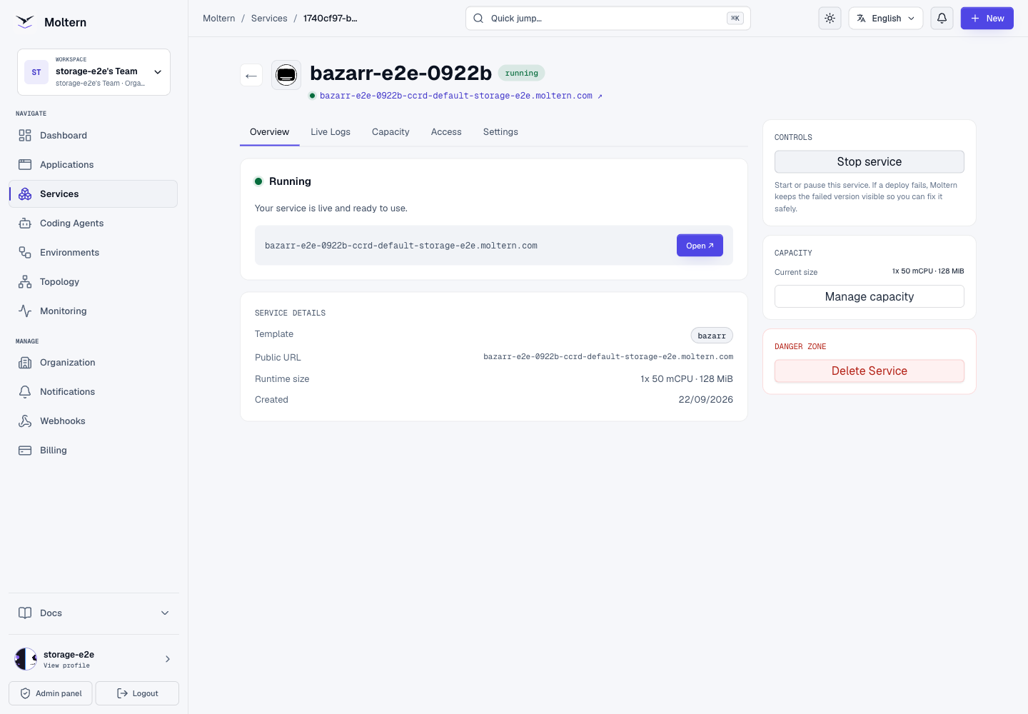 A healthy Bazarr service in the Moltern workspace