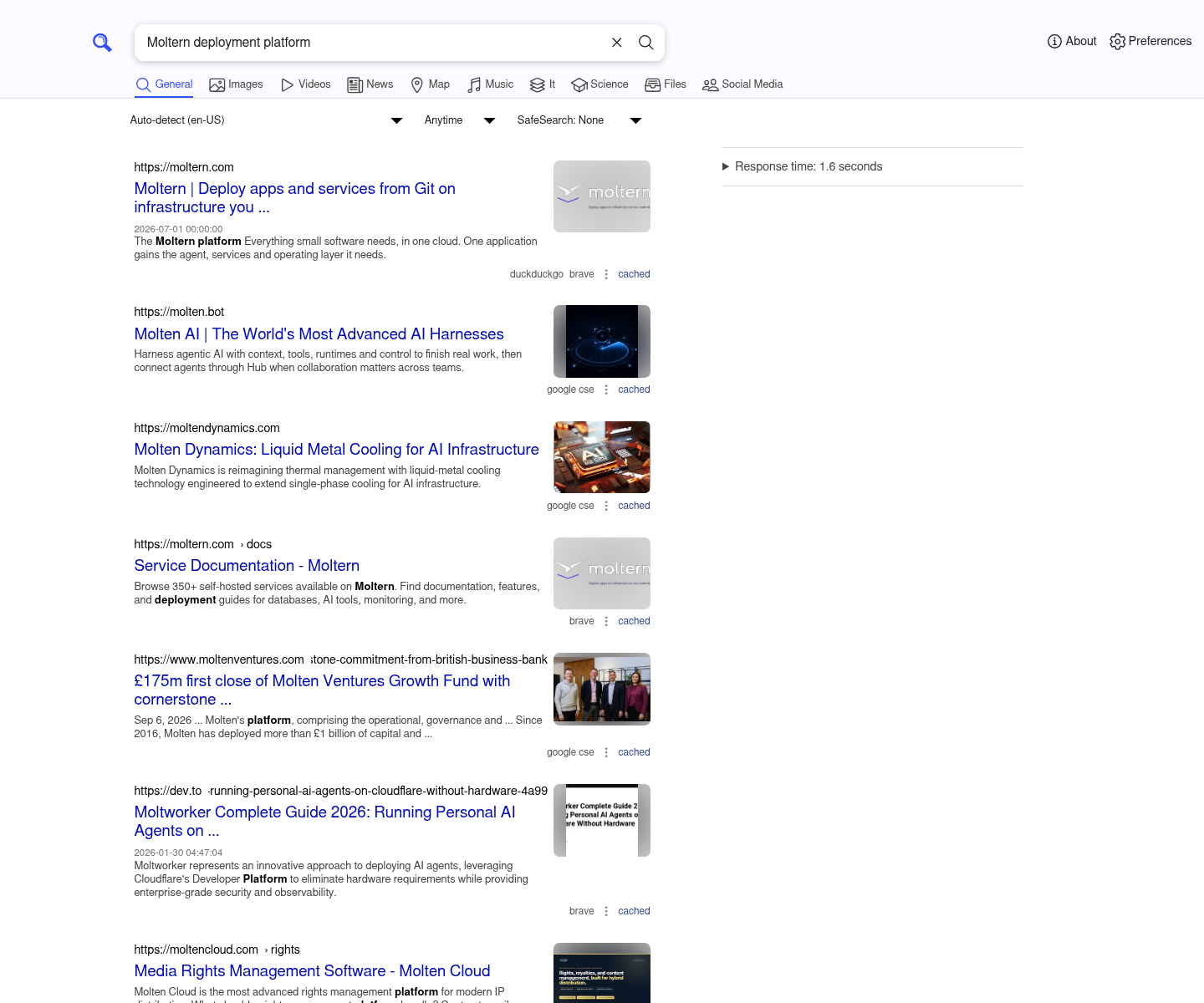 SearXNG live search results retained after a Moltern stop and start cycle