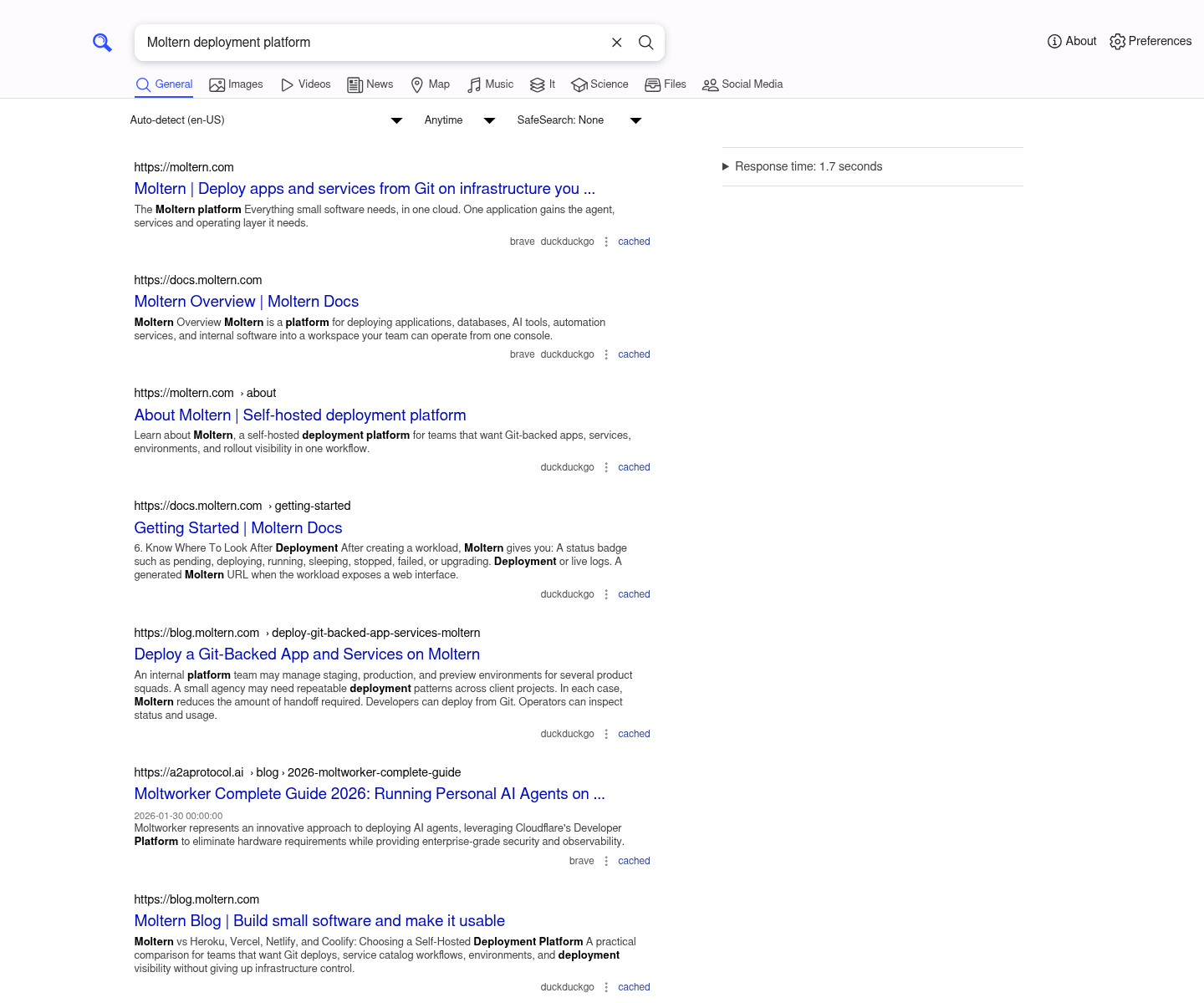 SearXNG displaying live metasearch results in a production Moltern test