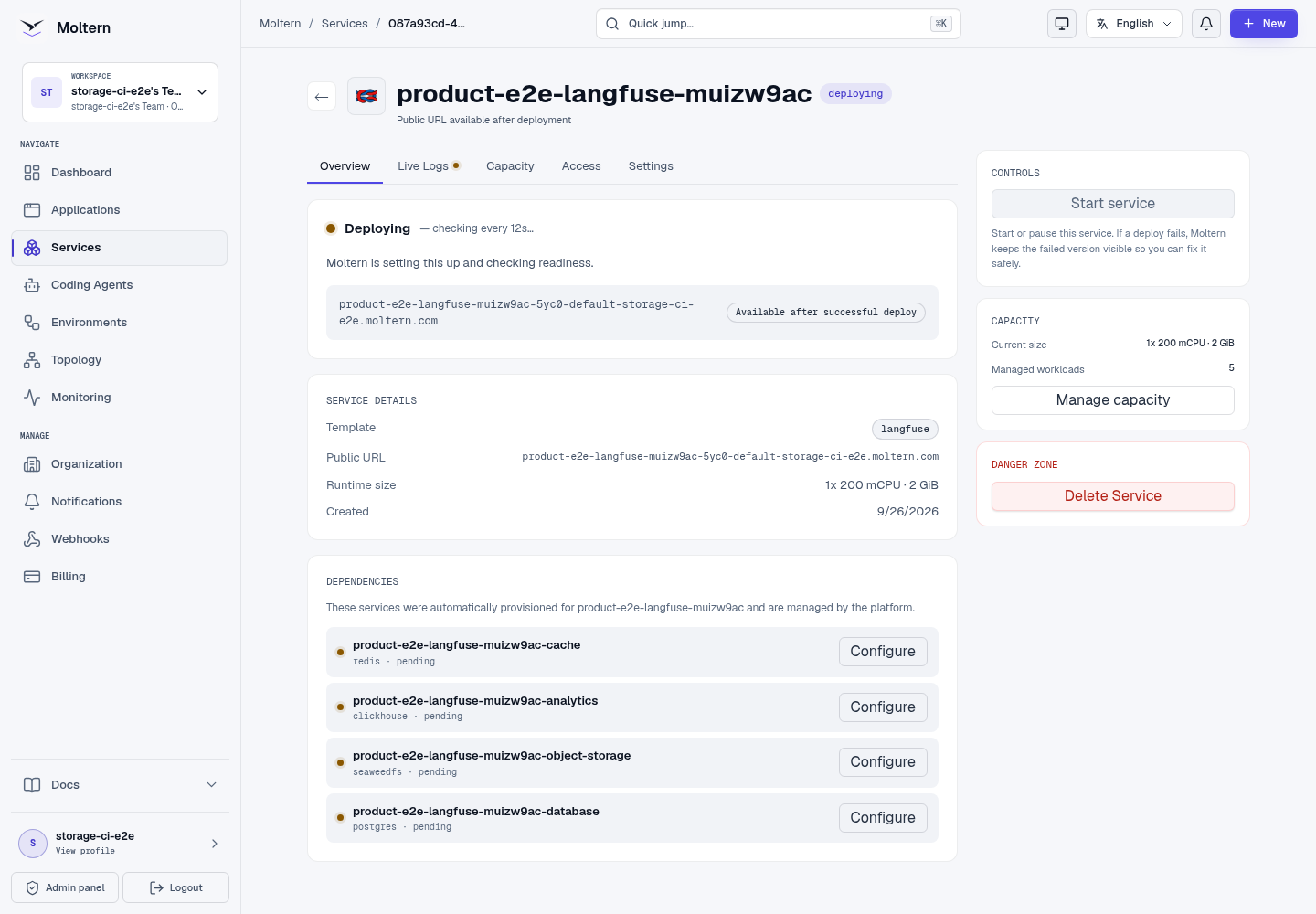Langfuse deploying with its managed dependencies visible