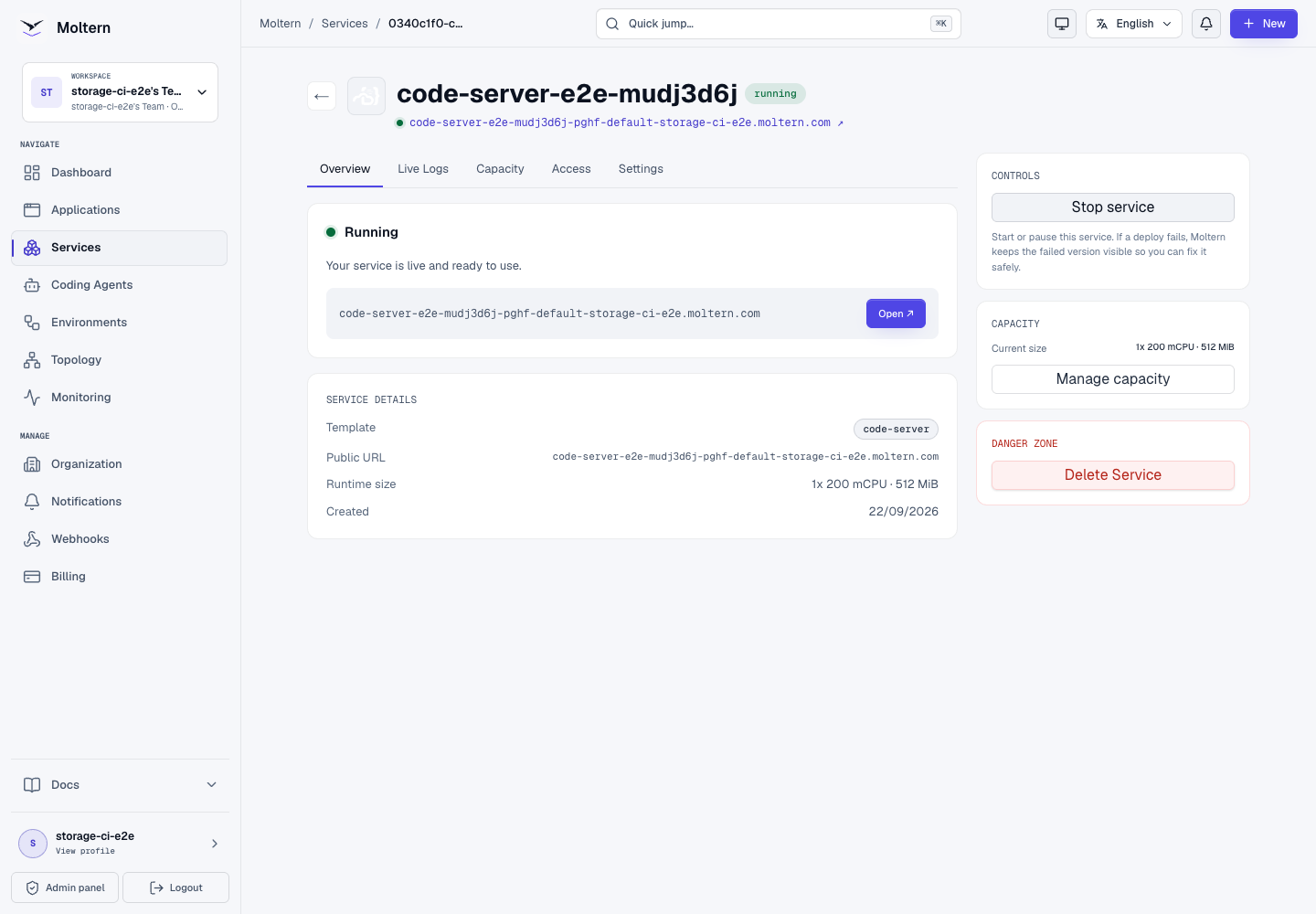 Code Server running again after Moltern replaced the runtime