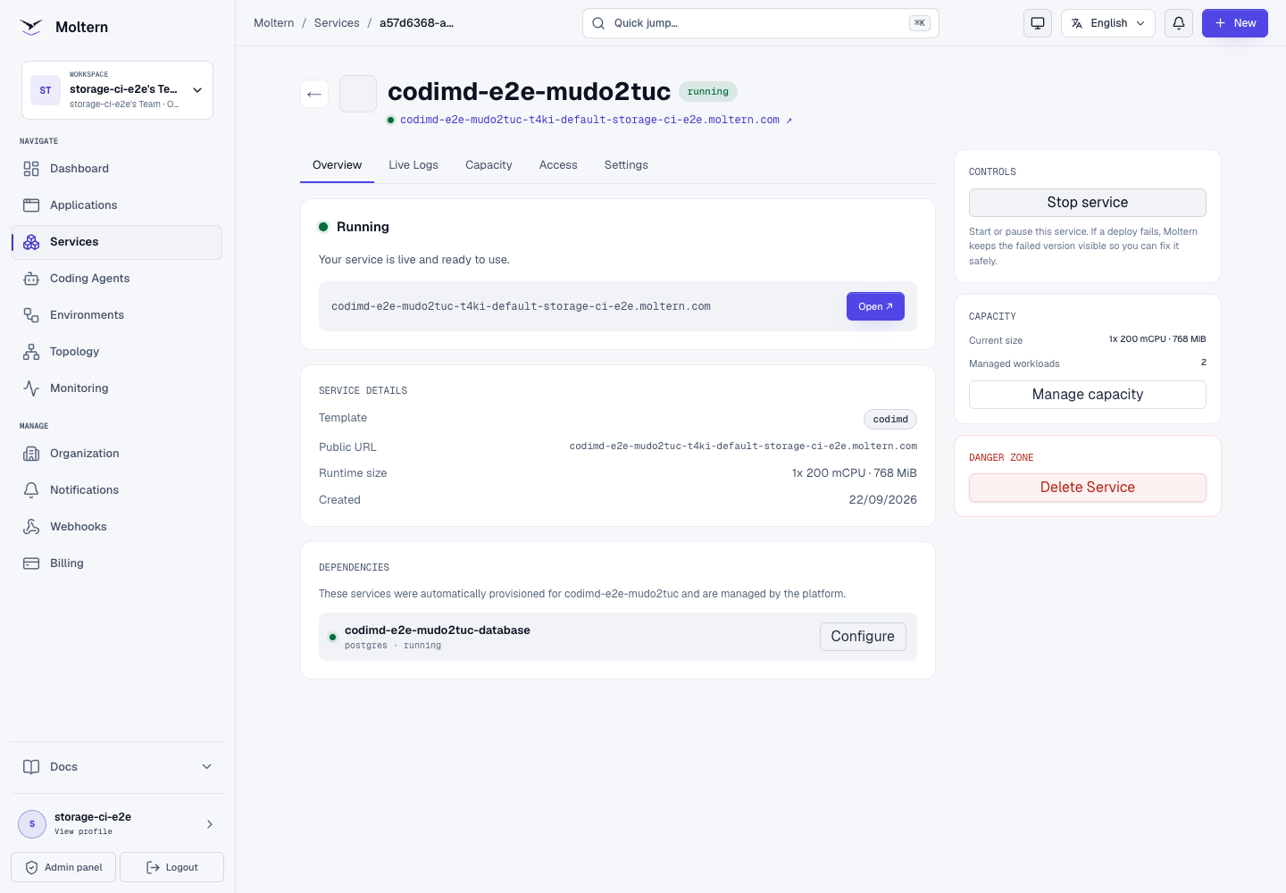 Running CodiMD service with its URL, capacity, and managed PostgreSQL dependency