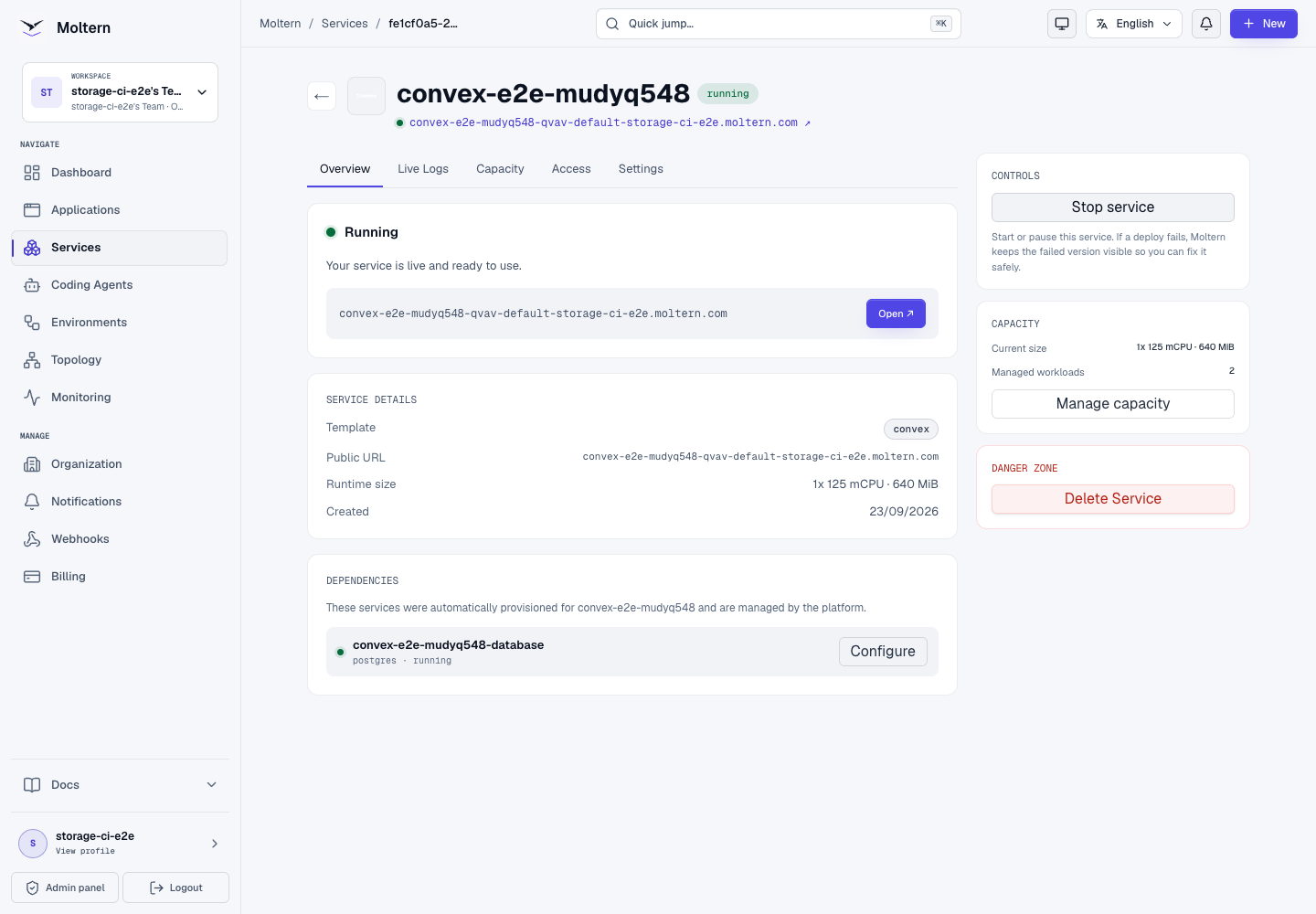 Running Convex service with its URL, capacity, and PostgreSQL dependency