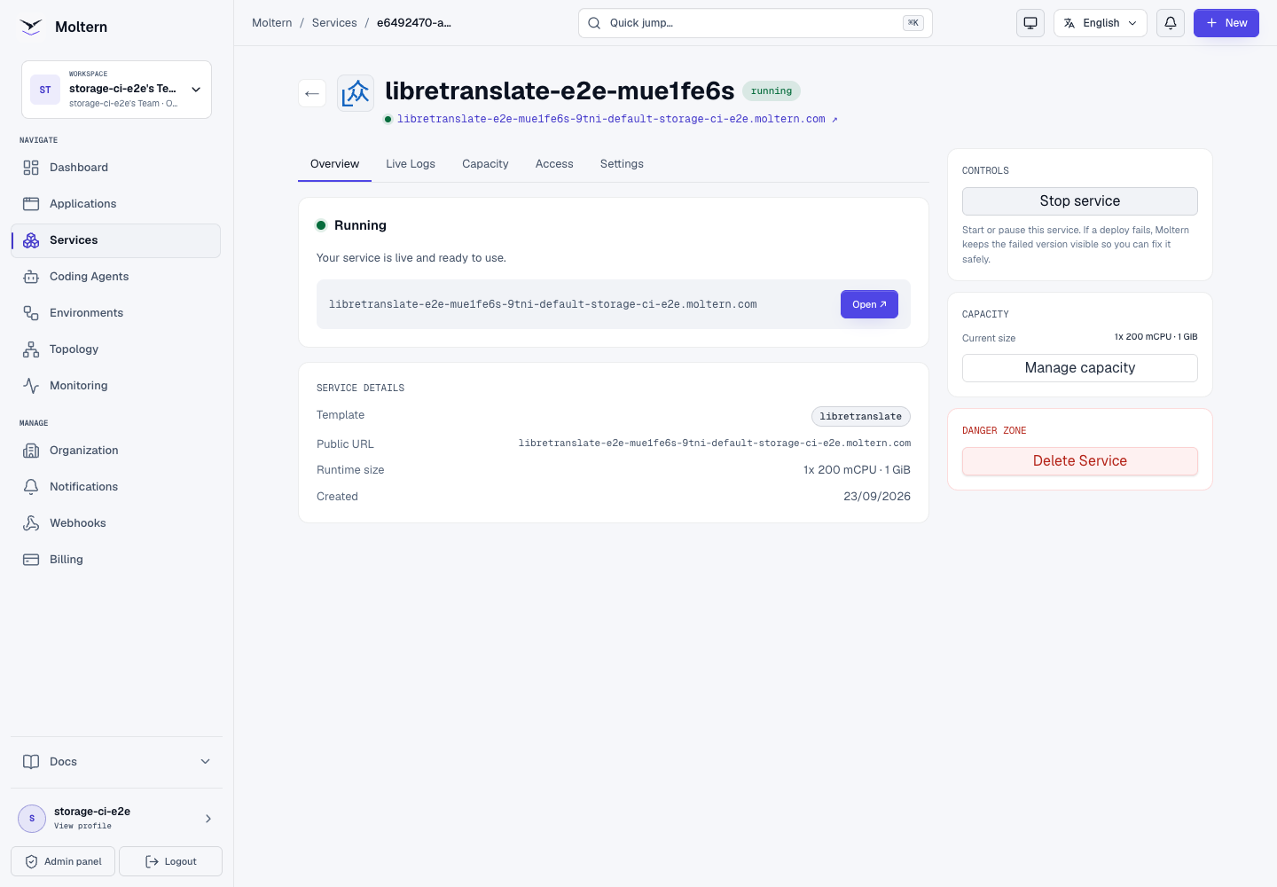 Running LibreTranslate service in Moltern