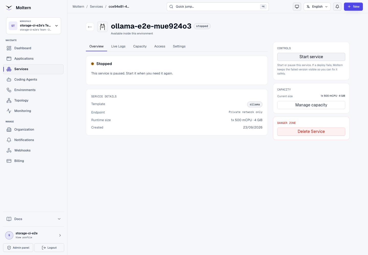 Ollama stopped while its model files remain in workspace storage