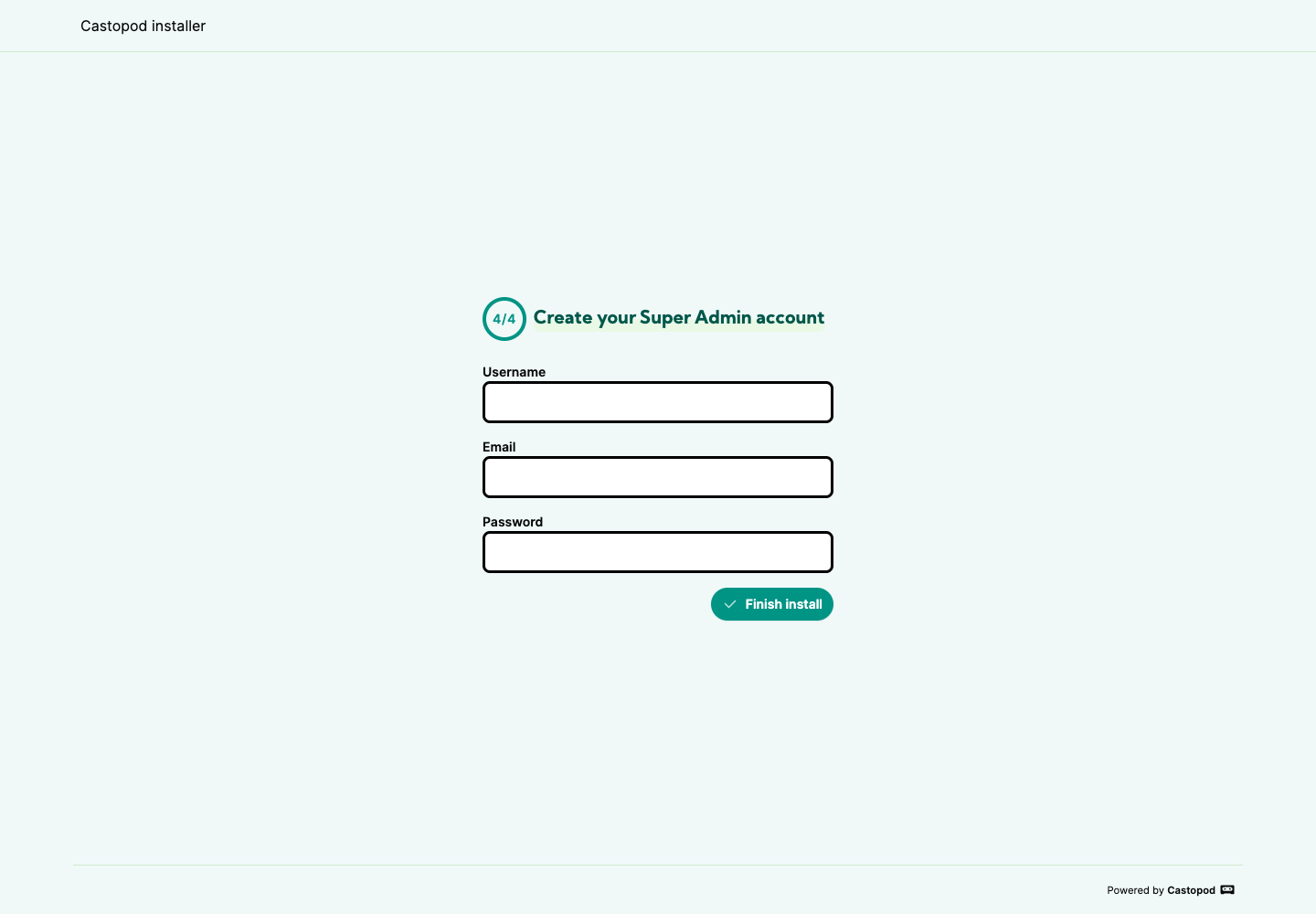 Castopod first-administrator setup on a fresh Moltern deployment