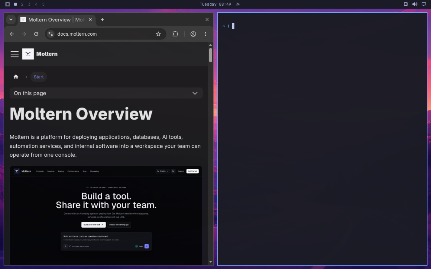A Linux terminal and Chromium documentation window tiled side by side in Omarchy