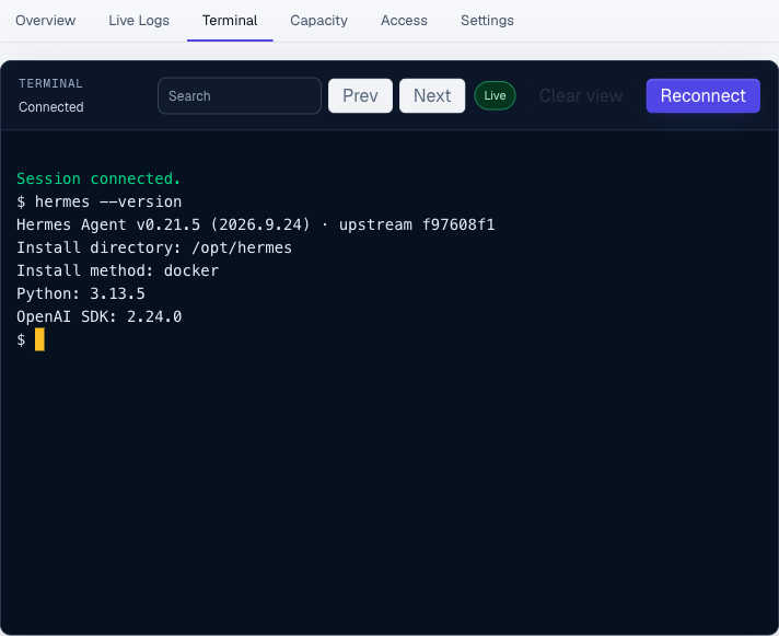 Hermes CLI available in the governed Moltern terminal