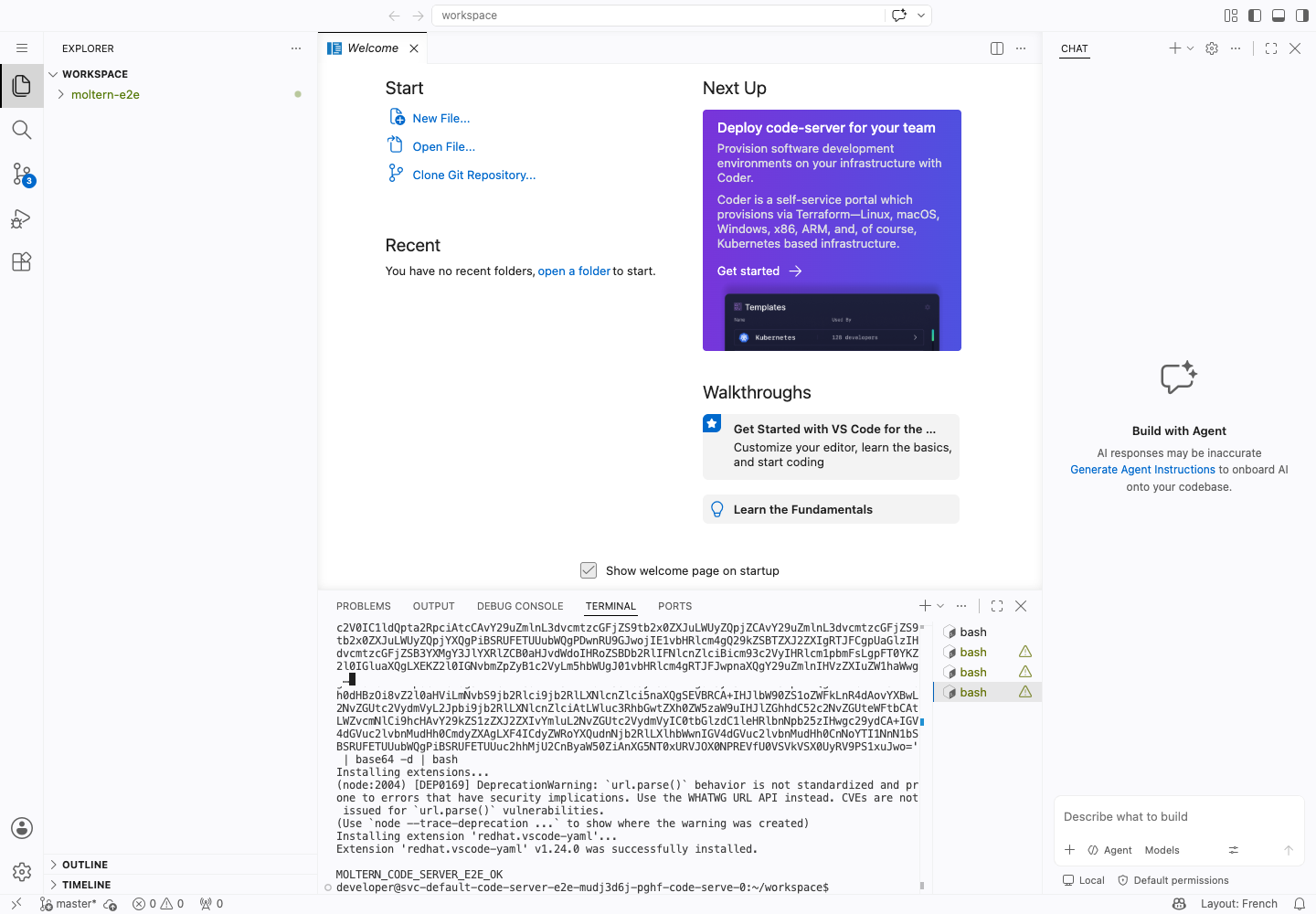 Code Server integrated terminal after a Git commit, remote check, and extension installation