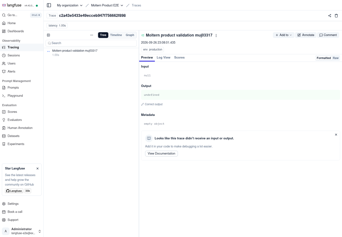 An ingested OpenTelemetry trace in the Langfuse tracing workspace