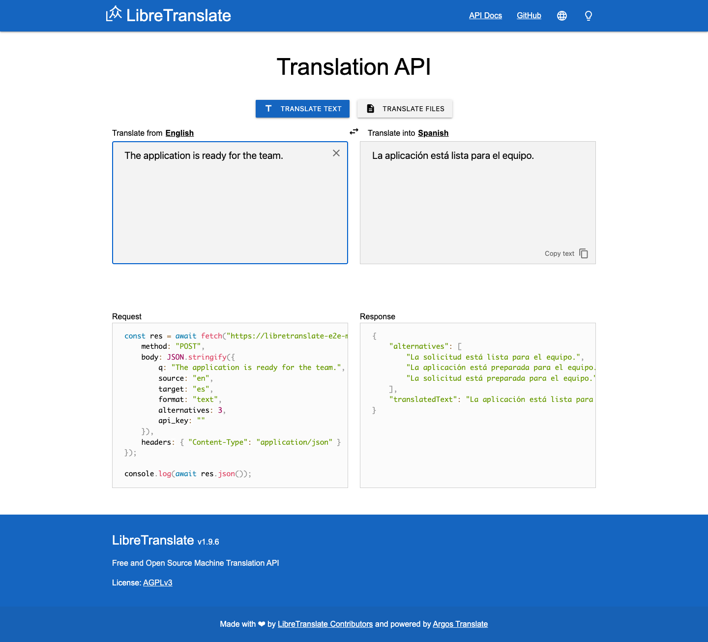 LibreTranslate translating an English sentence into Spanish
