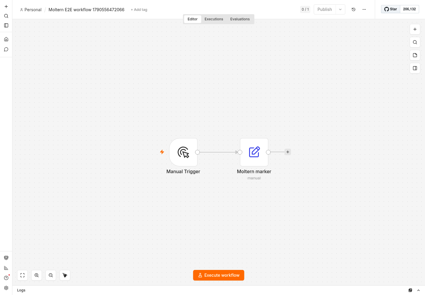 n8n editor showing a saved Moltern test workflow